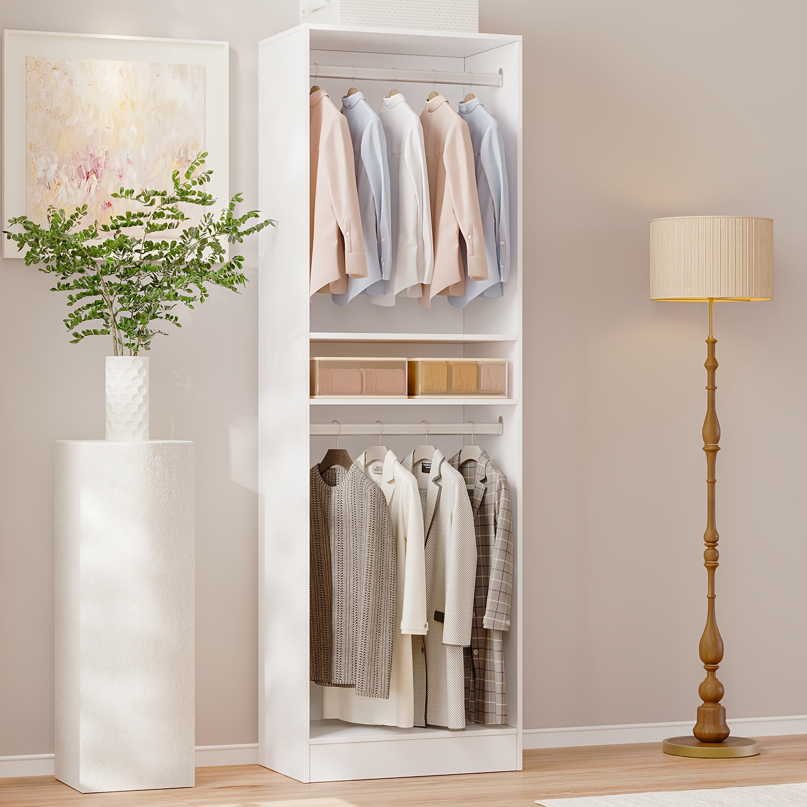 Freestanding Wardrobe Closet, Multi-Functional Clothing Cabinet for Hanging Clothes, Wood Closet Organizer System, Walk-in Closet for Bedroom, Entryway