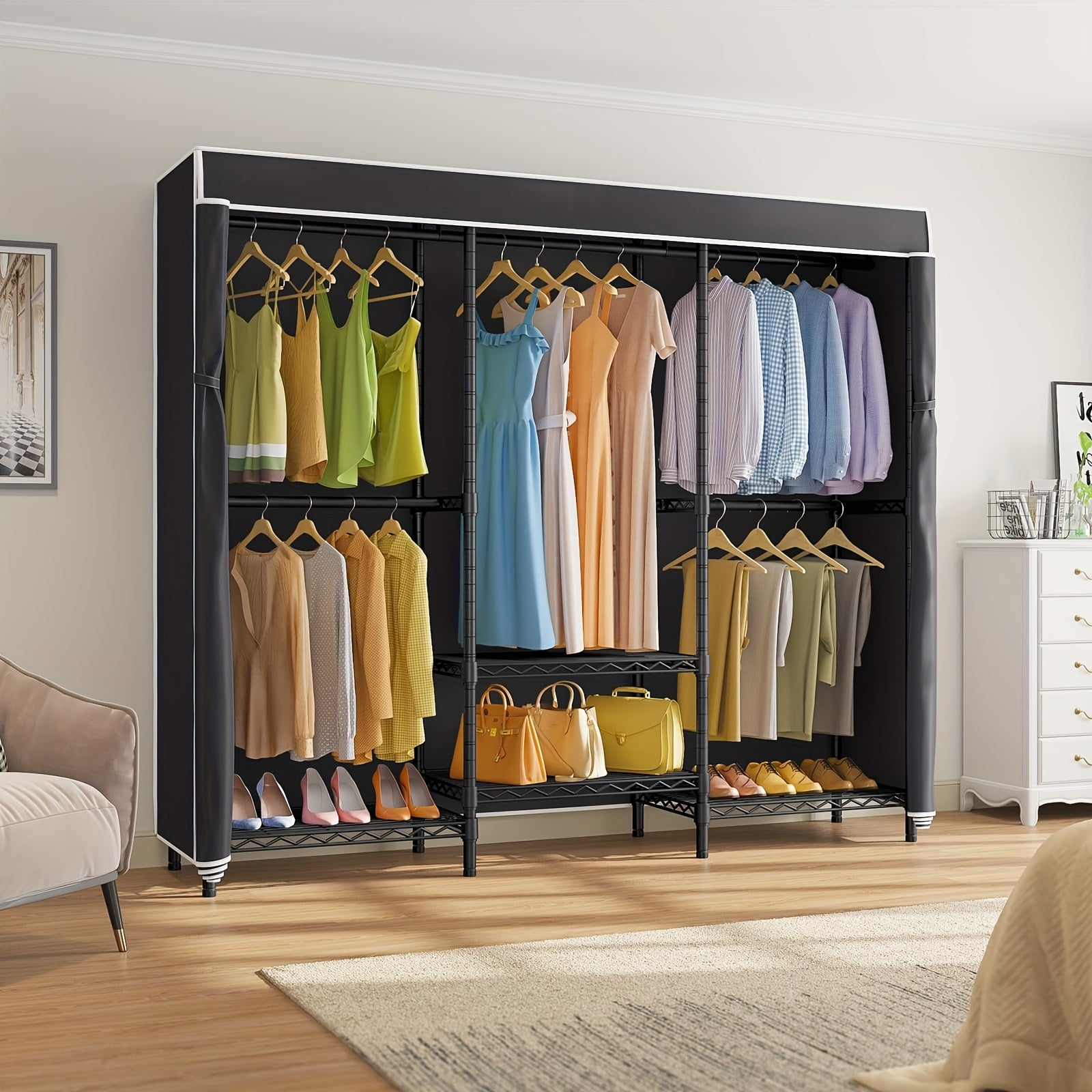 Ortable Closet With Detachable Dust Cover - Heavy Duty Metal Garment Rack 800LB Capacity, 4-Tier Shelving Organizer, 3 Hanging Rods, Space-Saving Bedroom Wardrobe (69x18x71 Inches)