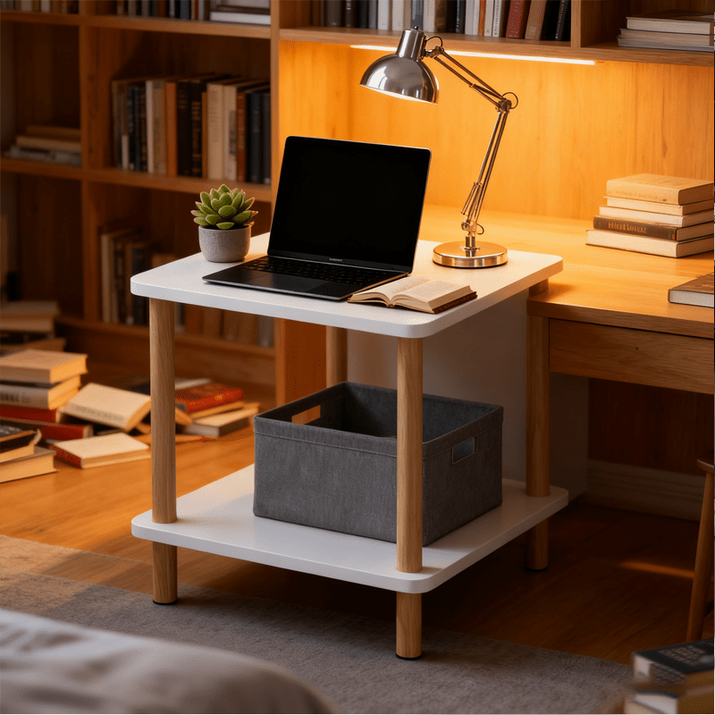 Simple and Modern Double-Layer White Small Square Table, Approximately 15.7×15.7×20.9 Inches, with Solid Wood Legs - White Side Cabinet, Small Storage Table for Bedside in Bedroom, and Bedside Storage Table