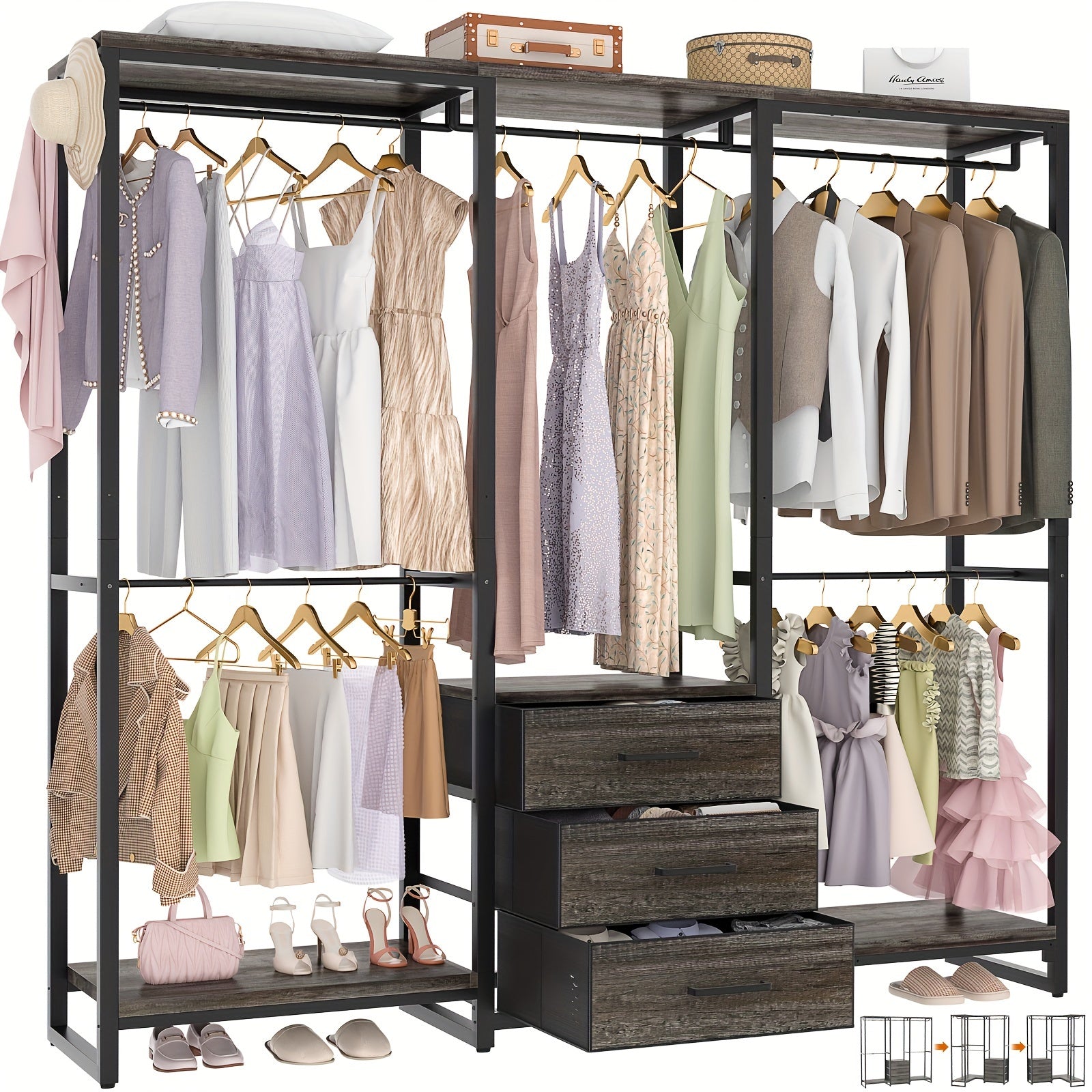 Aheaplus Garment Rack Heavy Duty Clothes Rack For Hanging Clothes, Clothing Rack With Drawers, Wood Stoarge Shelf Freestanding Closet Wardrobe Rack, Corner L Shaped Closet System Organizers