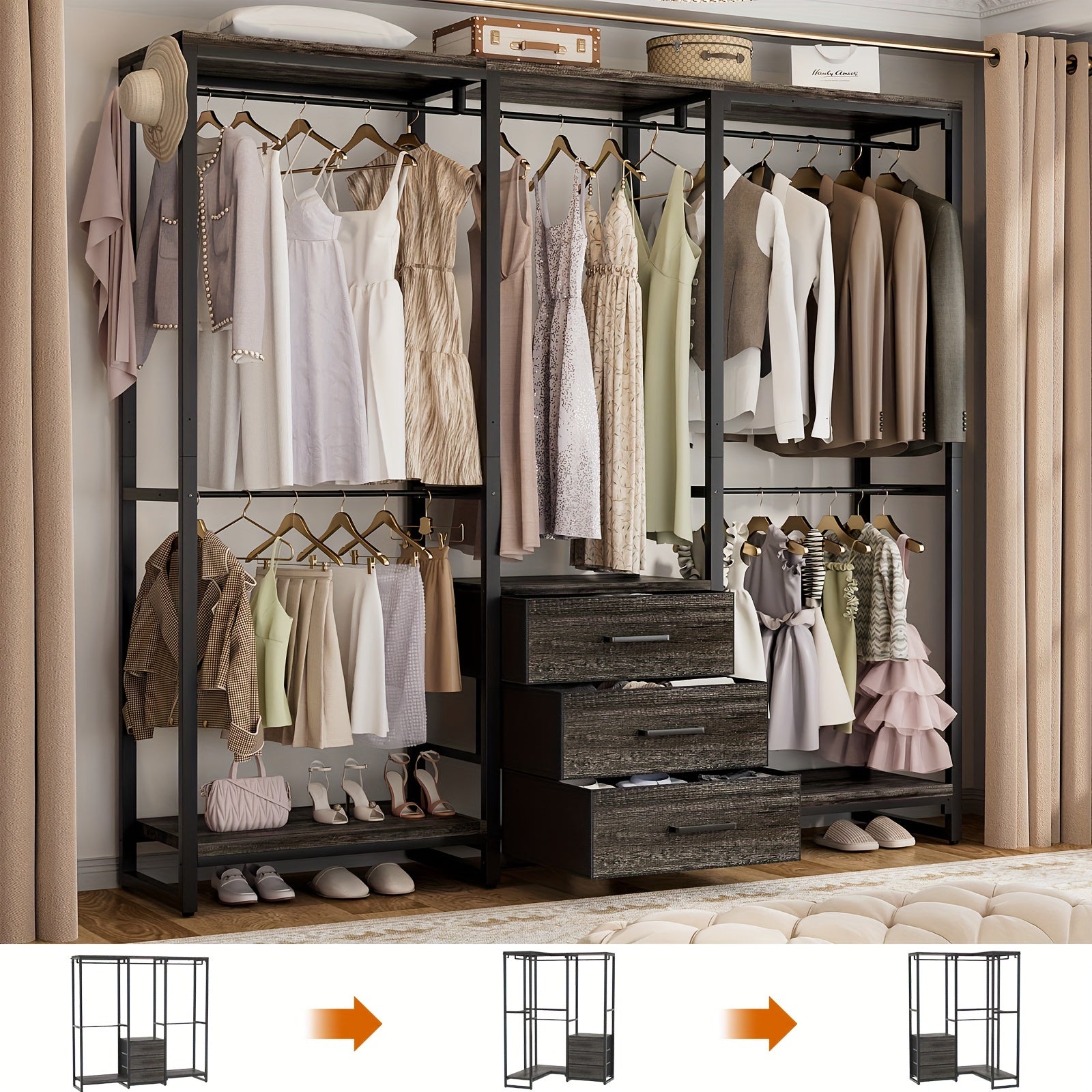 Aheaplus Garment Rack Heavy Duty Clothes Rack For Hanging Clothes, Clothing Rack With Drawers, Wood Stoarge Shelf Freestanding Closet Wardrobe Rack, Corner L Shaped Closet System Organizers