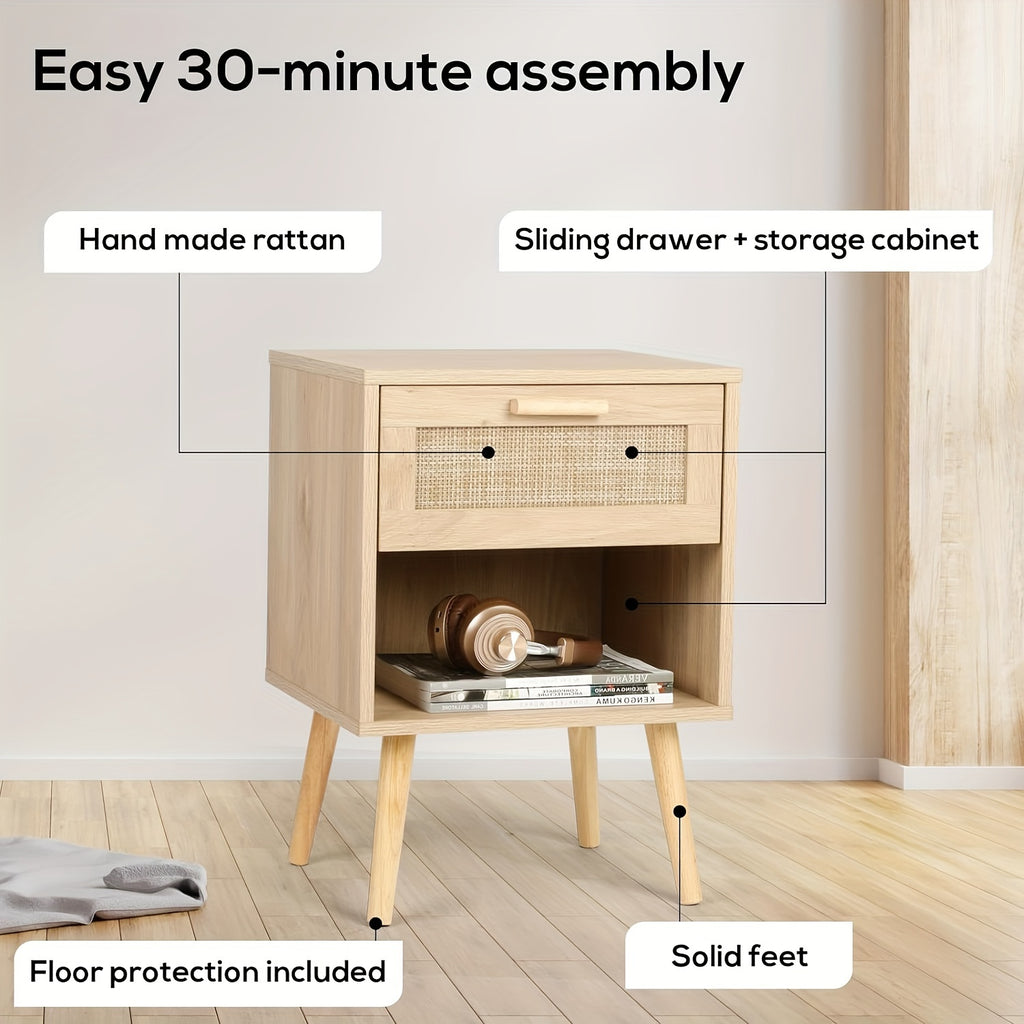 Rattan Nightstand, Night Stands with Hand Made Rattan Decorated Drawer, End Table, Side Table Wood Accent Table with Storage for Bedroom