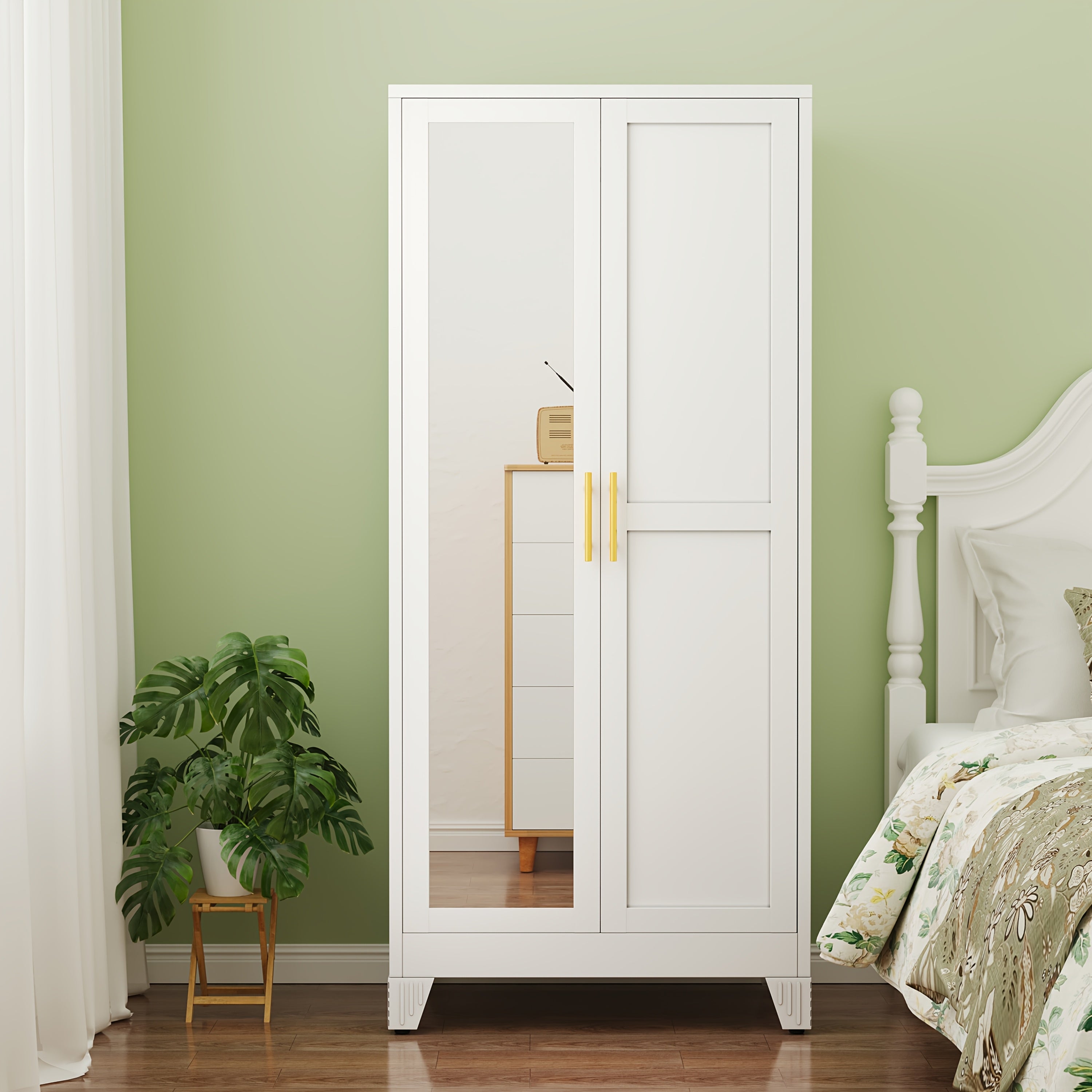 71 Inch High Metal Bedroom Wardrobe with Mirror, Adjustable Shelf And Hanger, Suitable for Bedroom And Clothing Storage