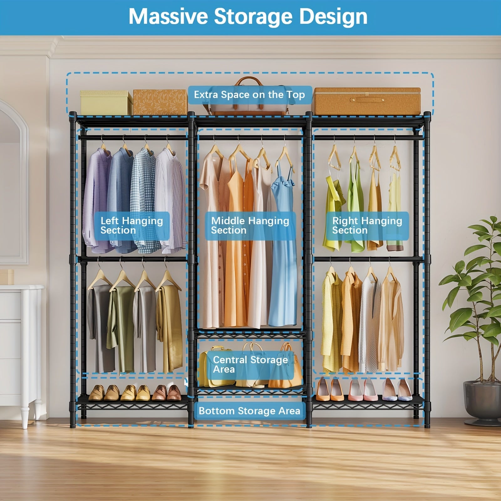 Ortable Closet With Detachable Dust Cover - Heavy Duty Metal Garment Rack 800LB Capacity, 4-Tier Shelving Organizer, 3 Hanging Rods, Space-Saving Bedroom Wardrobe (69x18x71 Inches)