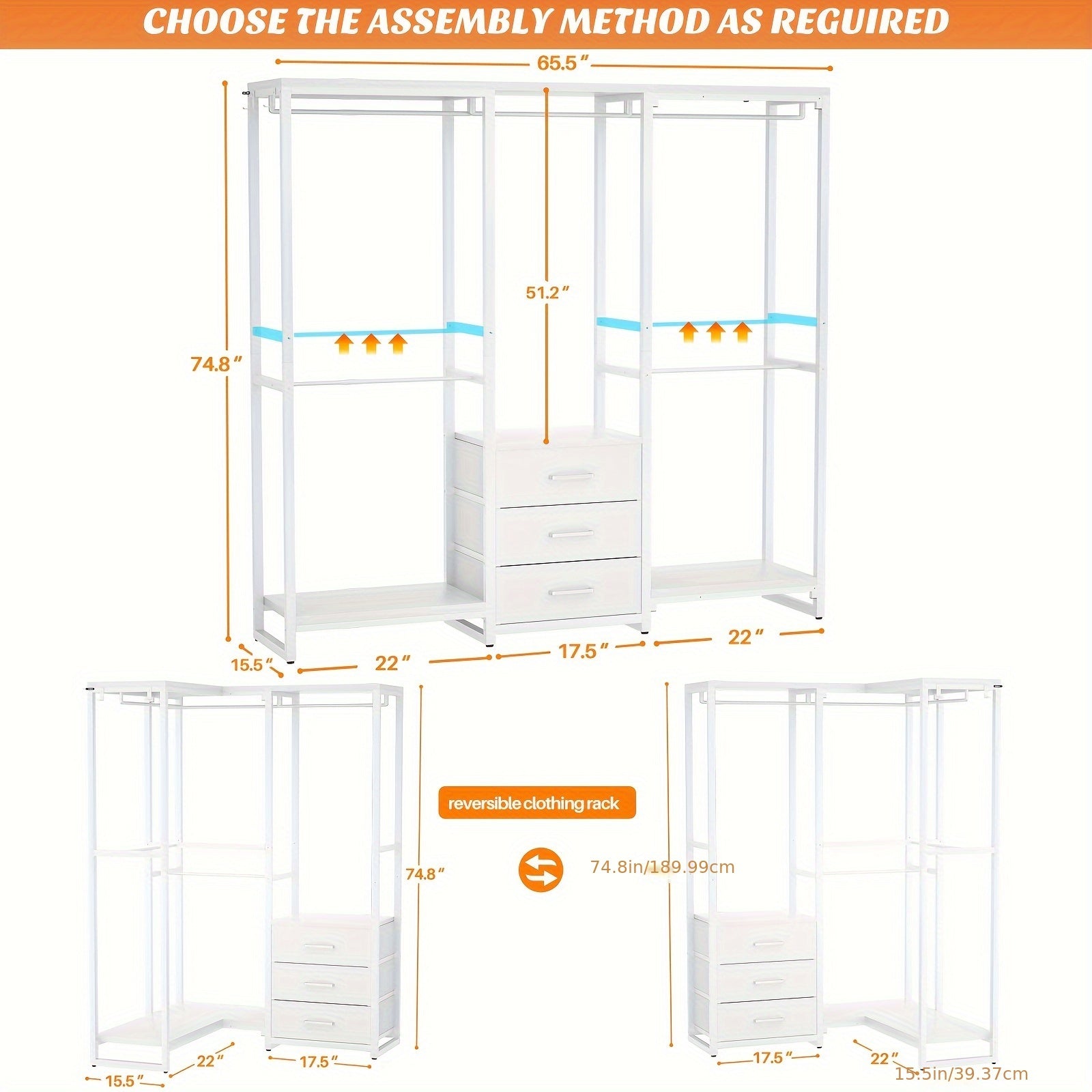 Aheaplus Garment Rack Heavy Duty Clothes Rack For Hanging Clothes, Clothing Rack With Drawers, Wood Stoarge Shelf Freestanding Closet Wardrobe Rack, Corner L Shaped Closet System Organizers