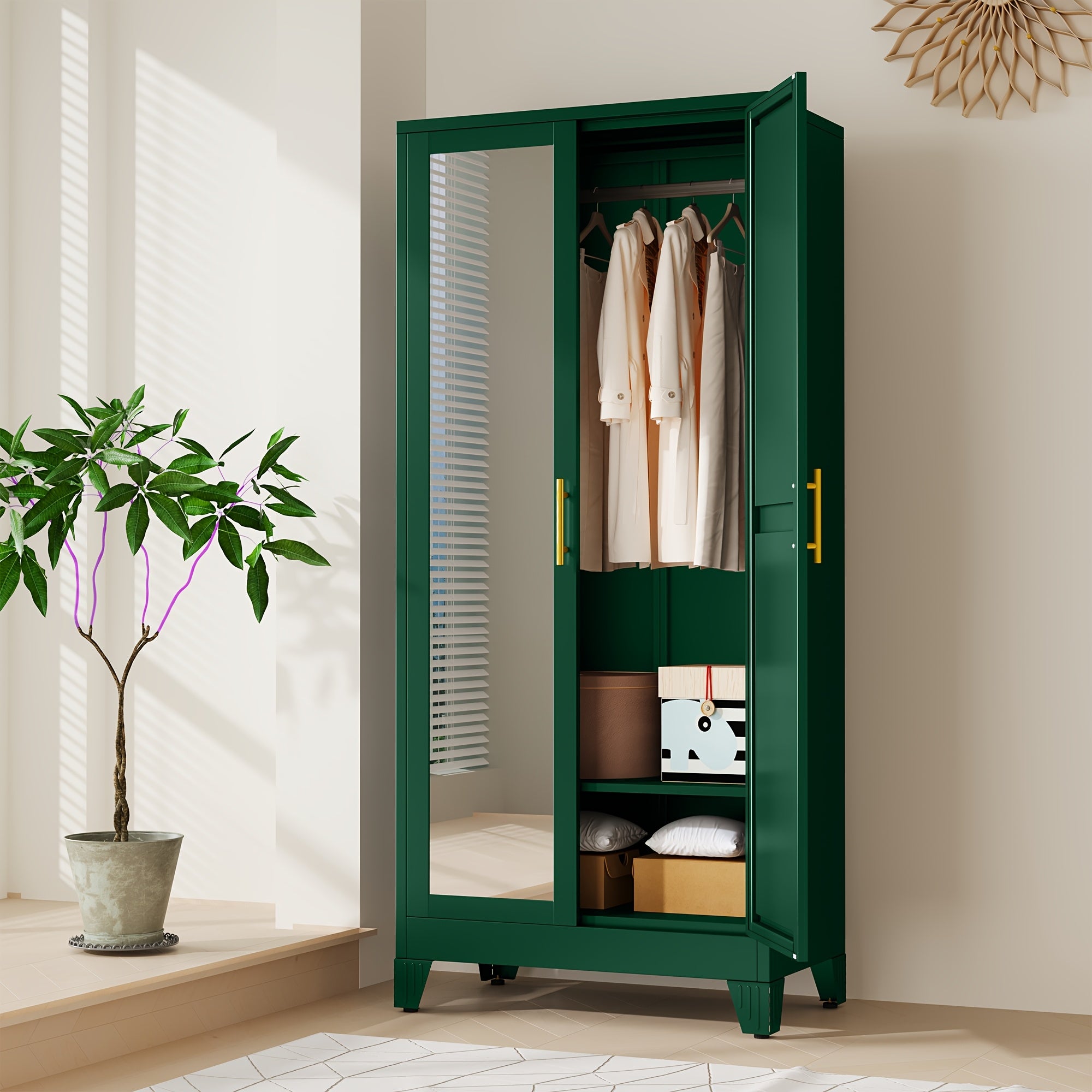 71 Inch High Metal Bedroom Wardrobe with Mirror, Adjustable Shelf And Hanger, Suitable for Bedroom And Clothing Storage