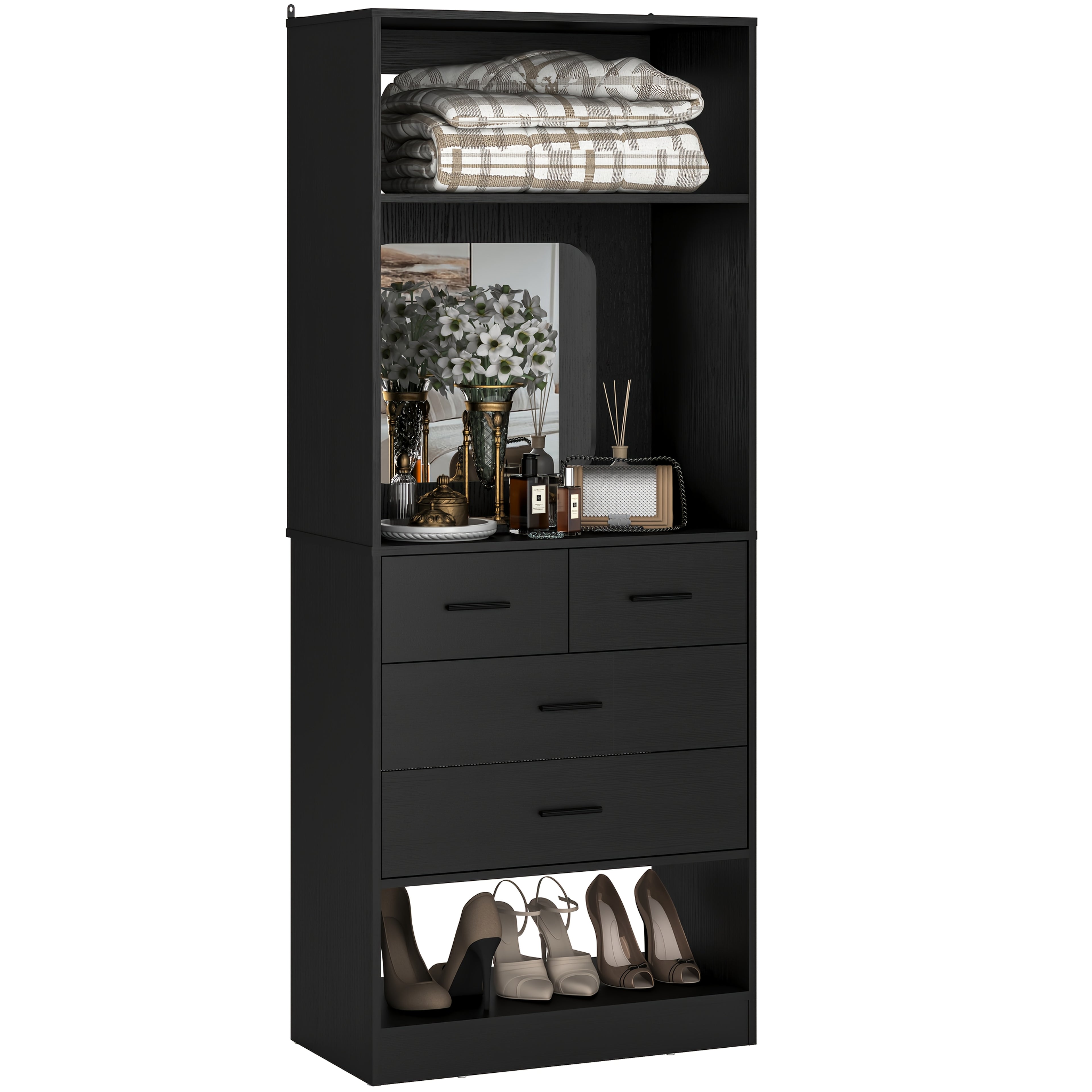 Unikito 25 Inch Closet System with 4 Drawers, 2FT Wood Closet Organizer with Storage Shelves And Mirror Design, Freestanding Sturdy Walk in Closet Tower for Bedroom, 25\