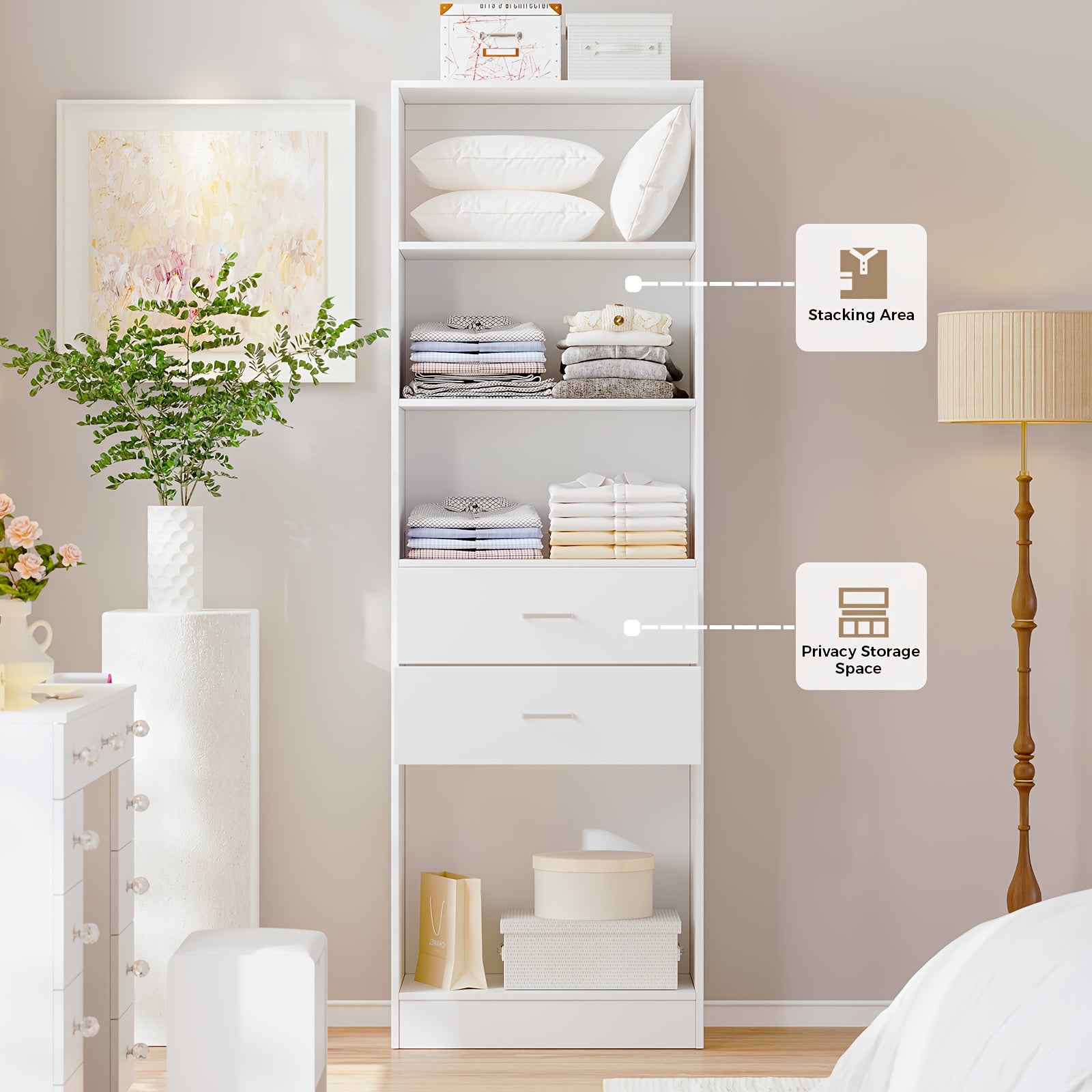 Freestanding Wardrobe Closet, Multi-Functional Clothing Cabinet for Hanging Clothes, Wood Closet Organizer System, Walk-in Closet for Bedroom, Entryway