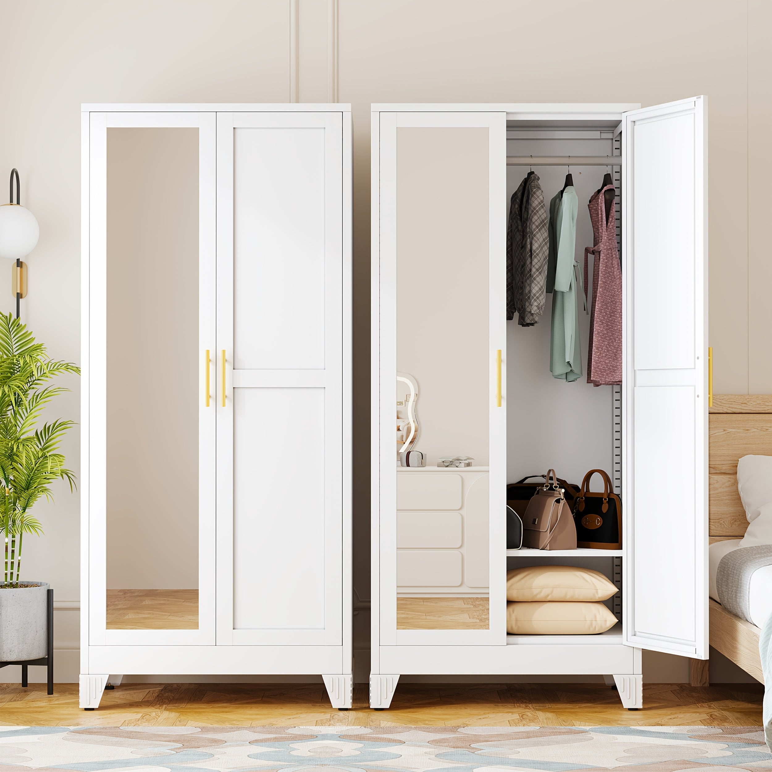 71 Inch High Metal Bedroom Wardrobe with Mirror, Adjustable Shelf And Hanger, Suitable for Bedroom And Clothing Storage