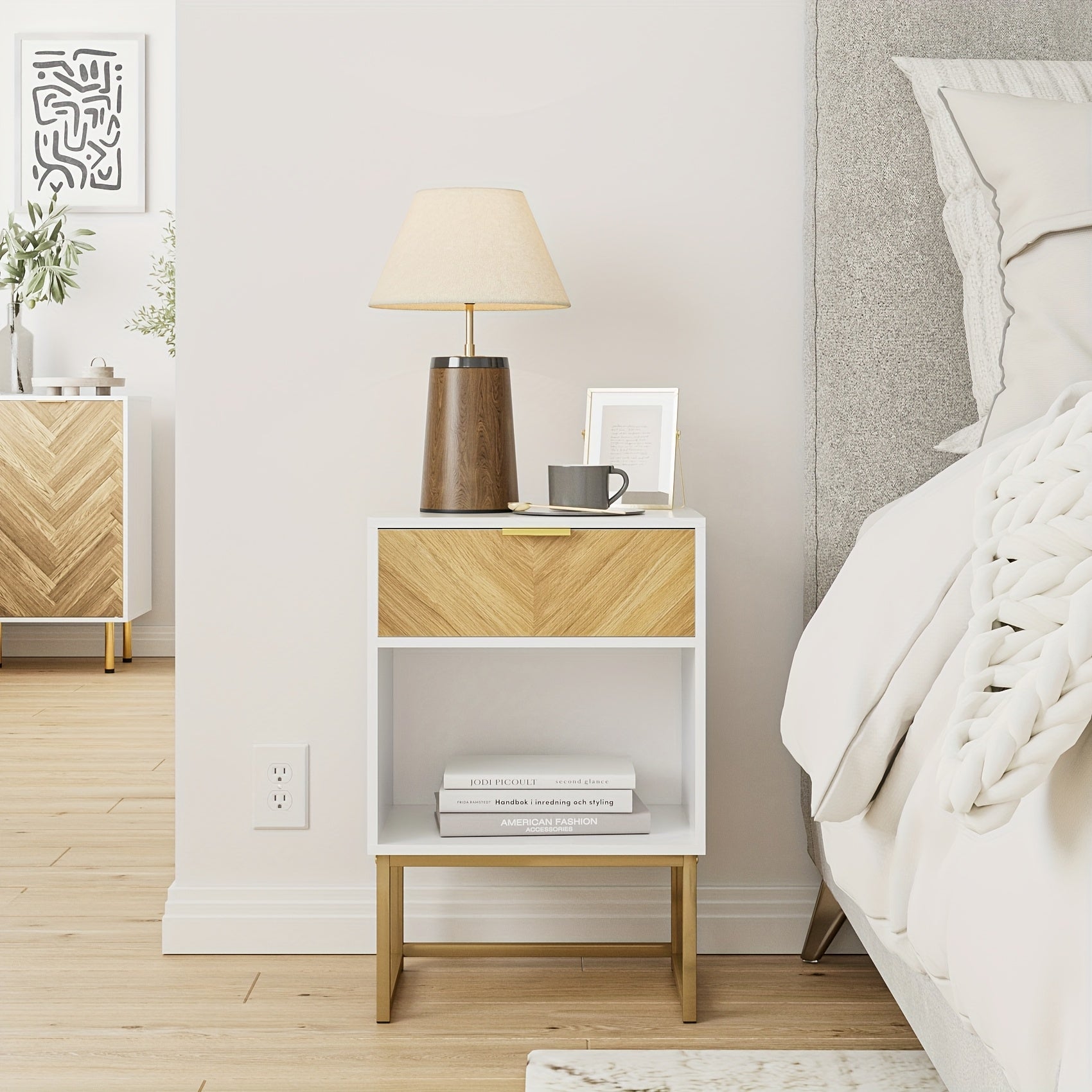 Modern Wood Grain Side Table, Large, Bohemian Farmhouse Style Wooden Nightstand with Storage Drawer and Open Shelf, Suitable for Bedroom, Living Room Nightstand, White