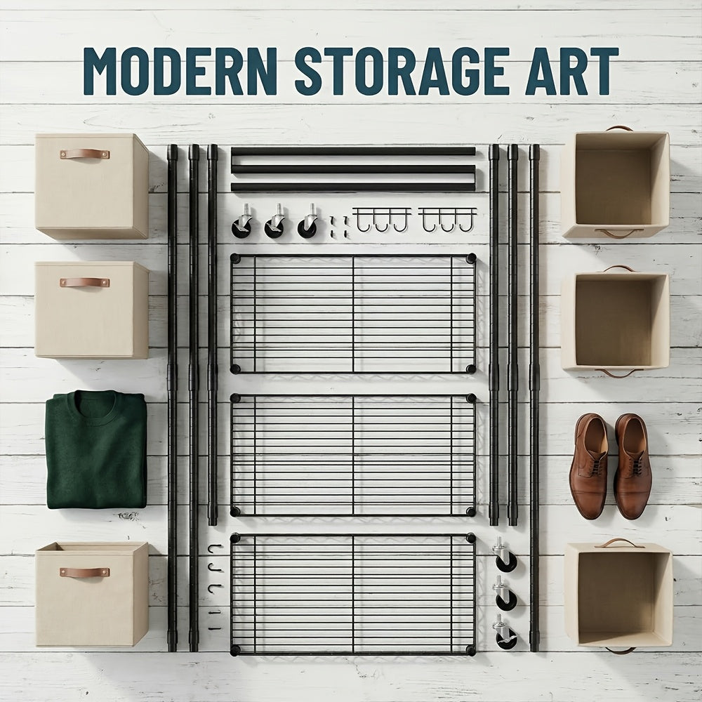 2pcs Rolling Clothes Rack, Metal Garment Rack with 6 Storage Shelves & 4 Hanging Bars, Freestanding Closet Organizer Portable Wardrobe for Hanging Clothes, Detachable Design Clothing Rack for Bedroom Apartment Retail, Black