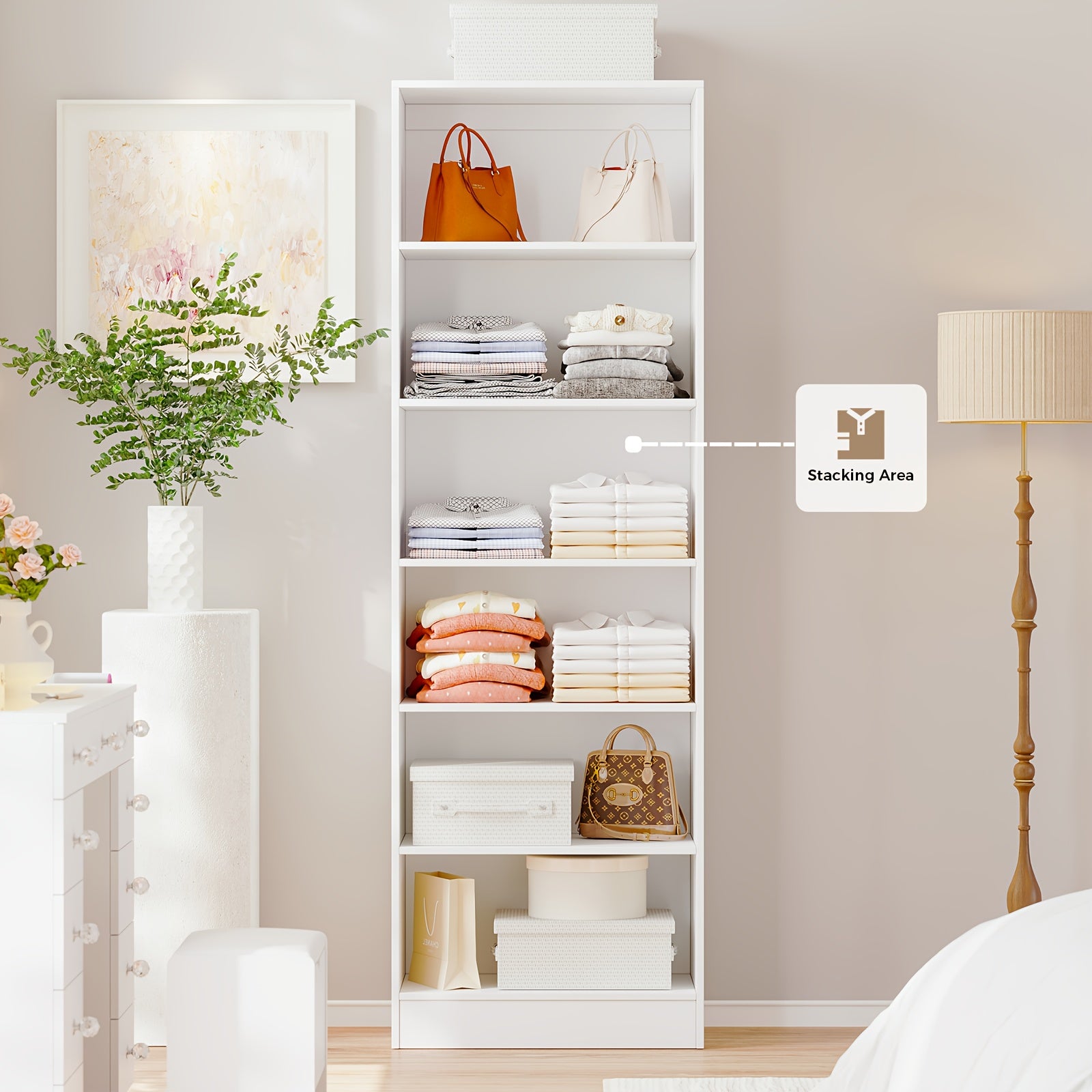 Freestanding Wardrobe Closet, Multi-Functional Clothing Cabinet for Hanging Clothes, Wood Closet Organizer System, Walk-in Closet for Bedroom, Entryway