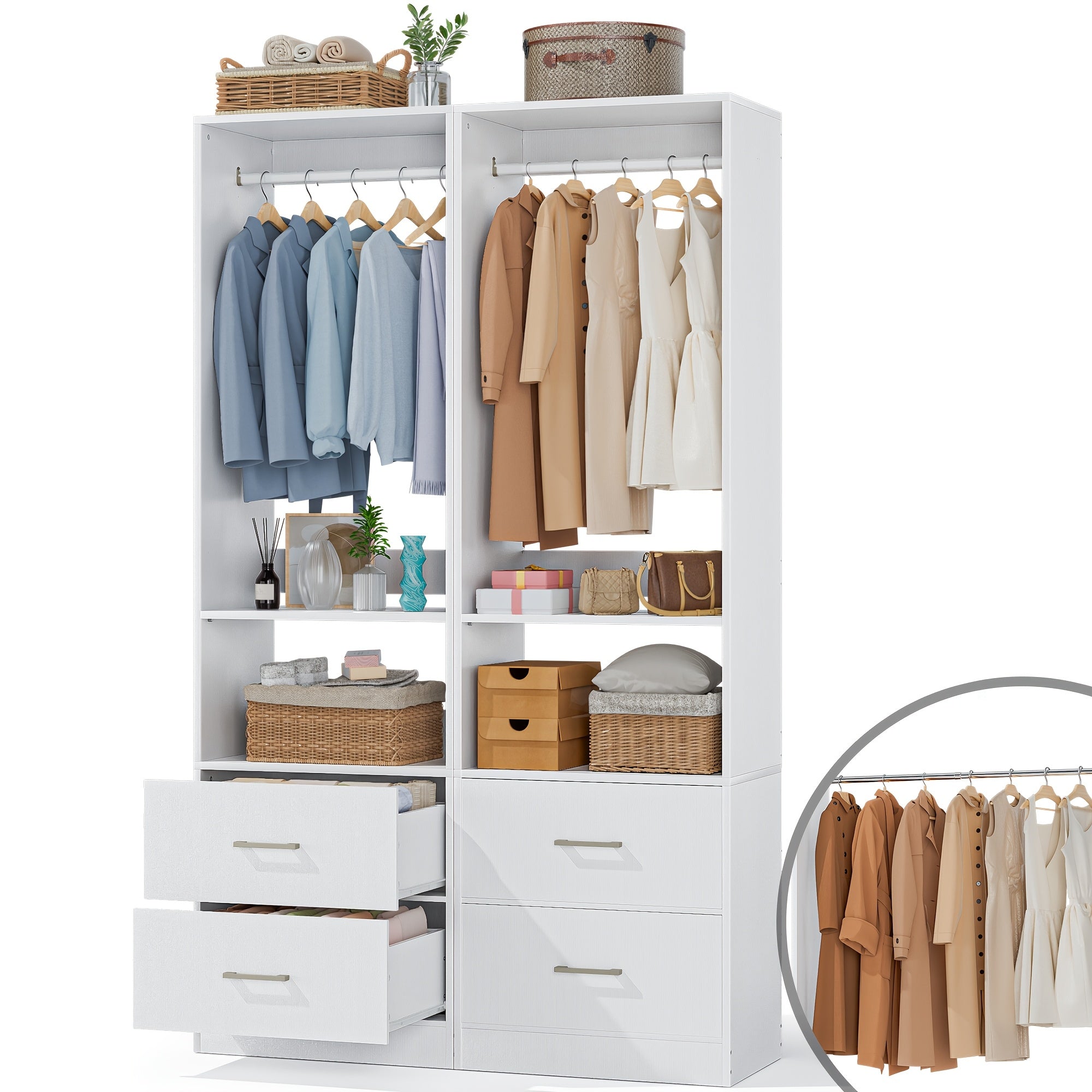 A Modular Closet System Measuring 127.56 Inches, Featuring Four Drawers, Adjustable Shelves on Three Levels, a Wooden Walk-In Closet Equipped with Fixed And Extendable Hanging Rods (Ranging from 57 to 102 Cm), Four Anti-Tipping Devices