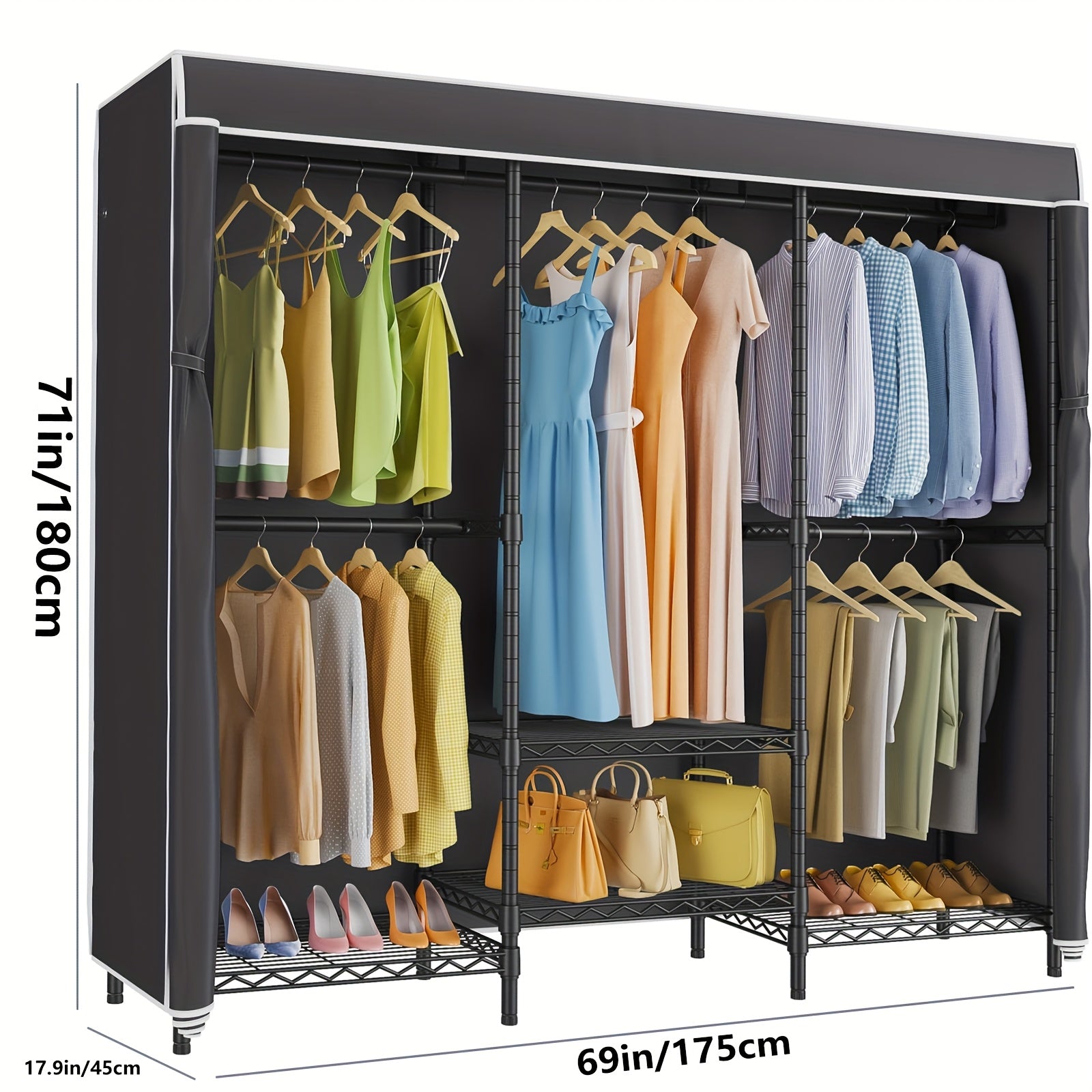 Ortable Closet With Detachable Dust Cover - Heavy Duty Metal Garment Rack 800LB Capacity, 4-Tier Shelving Organizer, 3 Hanging Rods, Space-Saving Bedroom Wardrobe (69x18x71 Inches)