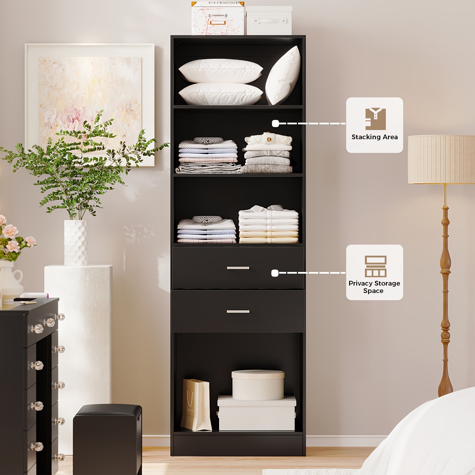 Freestanding Wardrobe Closet, Multi-Functional Clothing Cabinet for Hanging Clothes, Wood Closet Organizer System, Walk-in Closet for Bedroom, Entryway