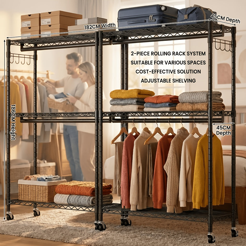 2pcs Rolling Clothes Rack, Metal Garment Rack with 6 Storage Shelves & 4 Hanging Bars, Freestanding Closet Organizer Portable Wardrobe for Hanging Clothes, Detachable Design Clothing Rack for Bedroom Apartment Retail, Black