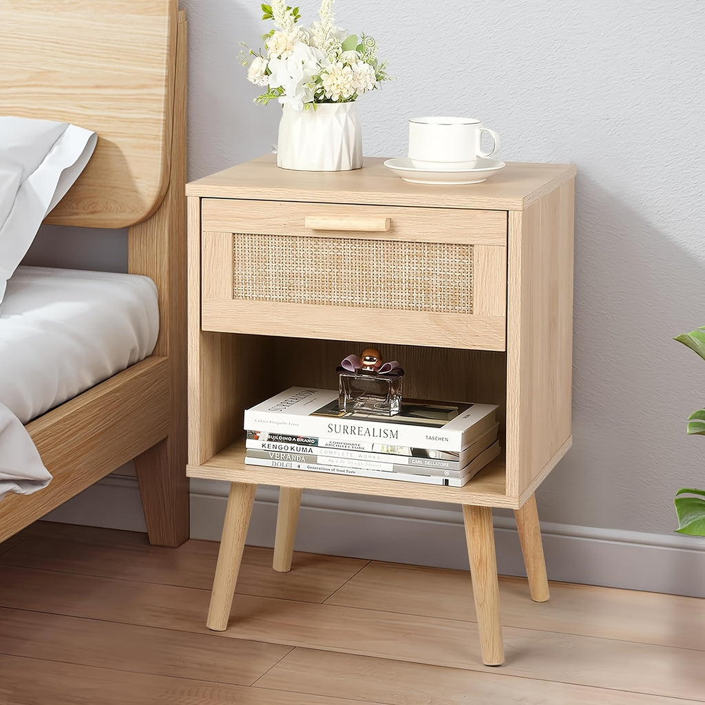 Rattan Nightstand, Night Stands with Hand Made Rattan Decorated Drawer, End Table, Side Table Wood Accent Table with Storage for Bedroom