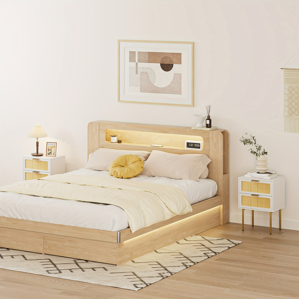 Wooden Bedside Table Featuring Two Rattan Drawers, Ideal for Storing Items in The Bedroom Or Living Room