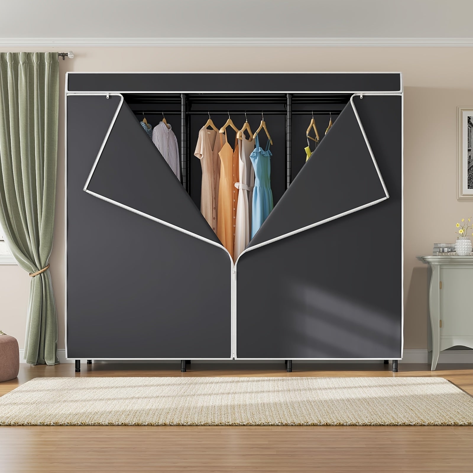Ortable Closet With Detachable Dust Cover - Heavy Duty Metal Garment Rack 800LB Capacity, 4-Tier Shelving Organizer, 3 Hanging Rods, Space-Saving Bedroom Wardrobe (69x18x71 Inches)