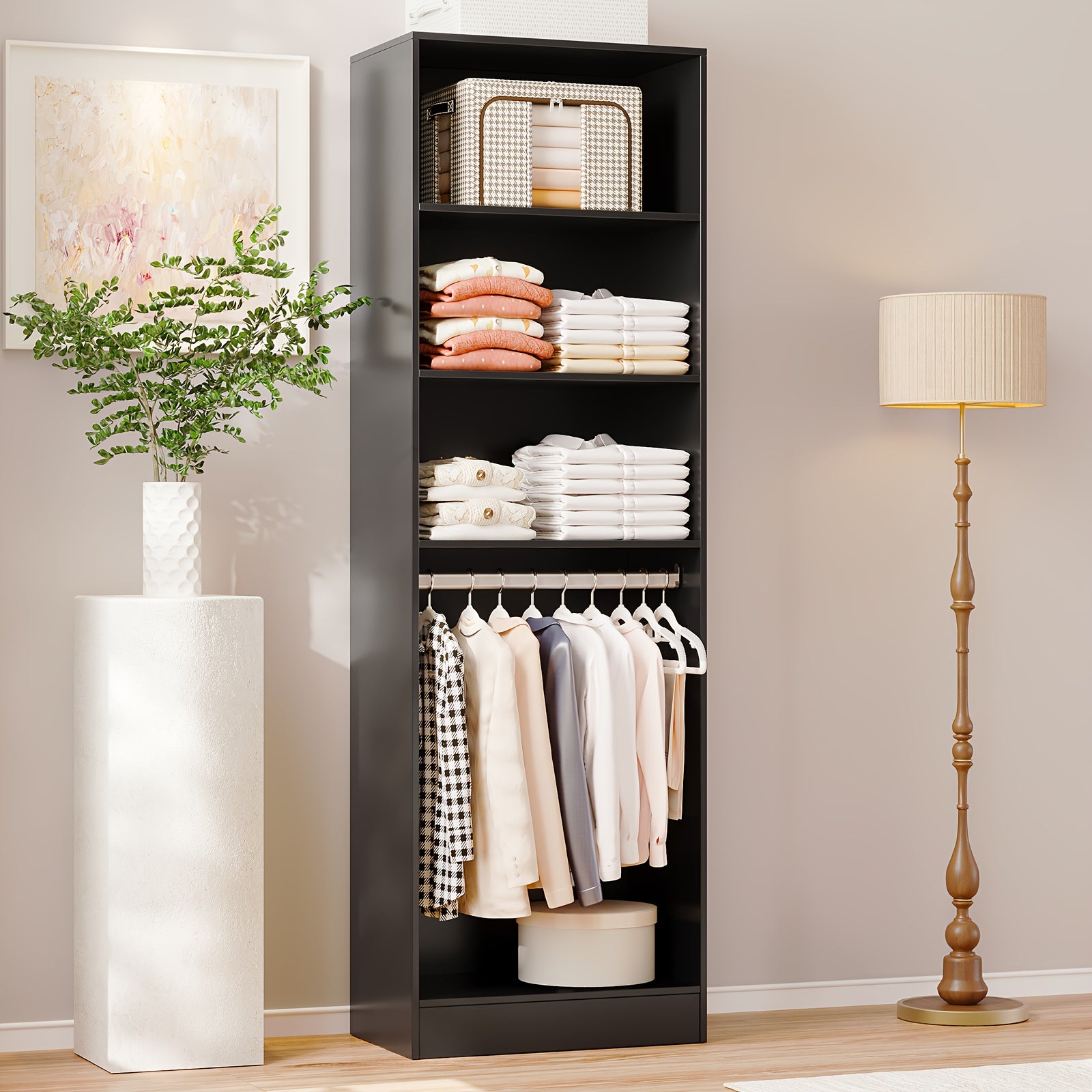Freestanding Wardrobe Closet, Multi-Functional Clothing Cabinet for Hanging Clothes, Wood Closet Organizer System, Walk-in Closet for Bedroom, Entryway