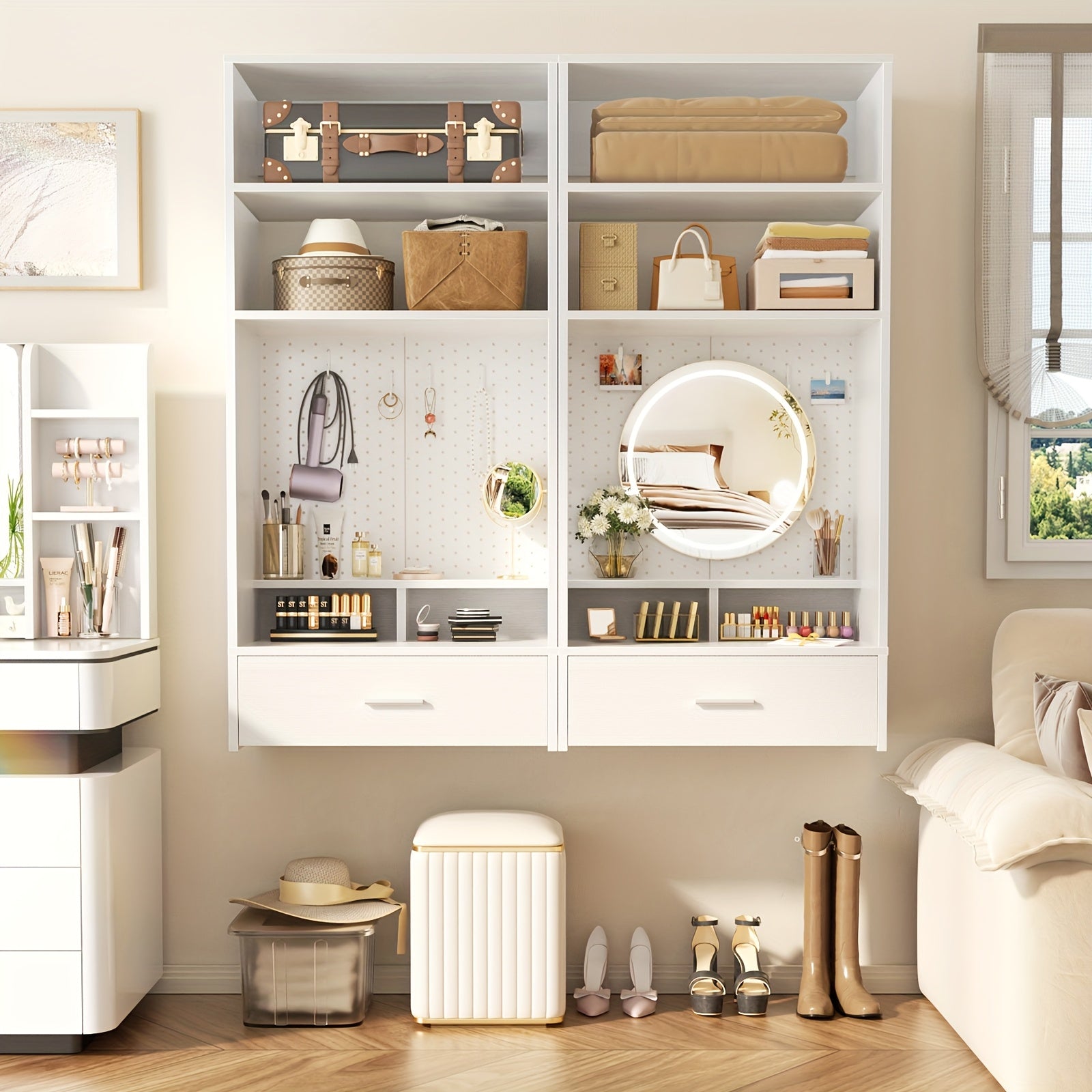 Unikito 25 Inch Closet System With Drawers And Magnetic Pegboard, Wall Mounted Closet Organizer With Vanity Storage Shelves, Multipurpose Vanity Desk For Bedroom, Mudroom, And Entryway, White