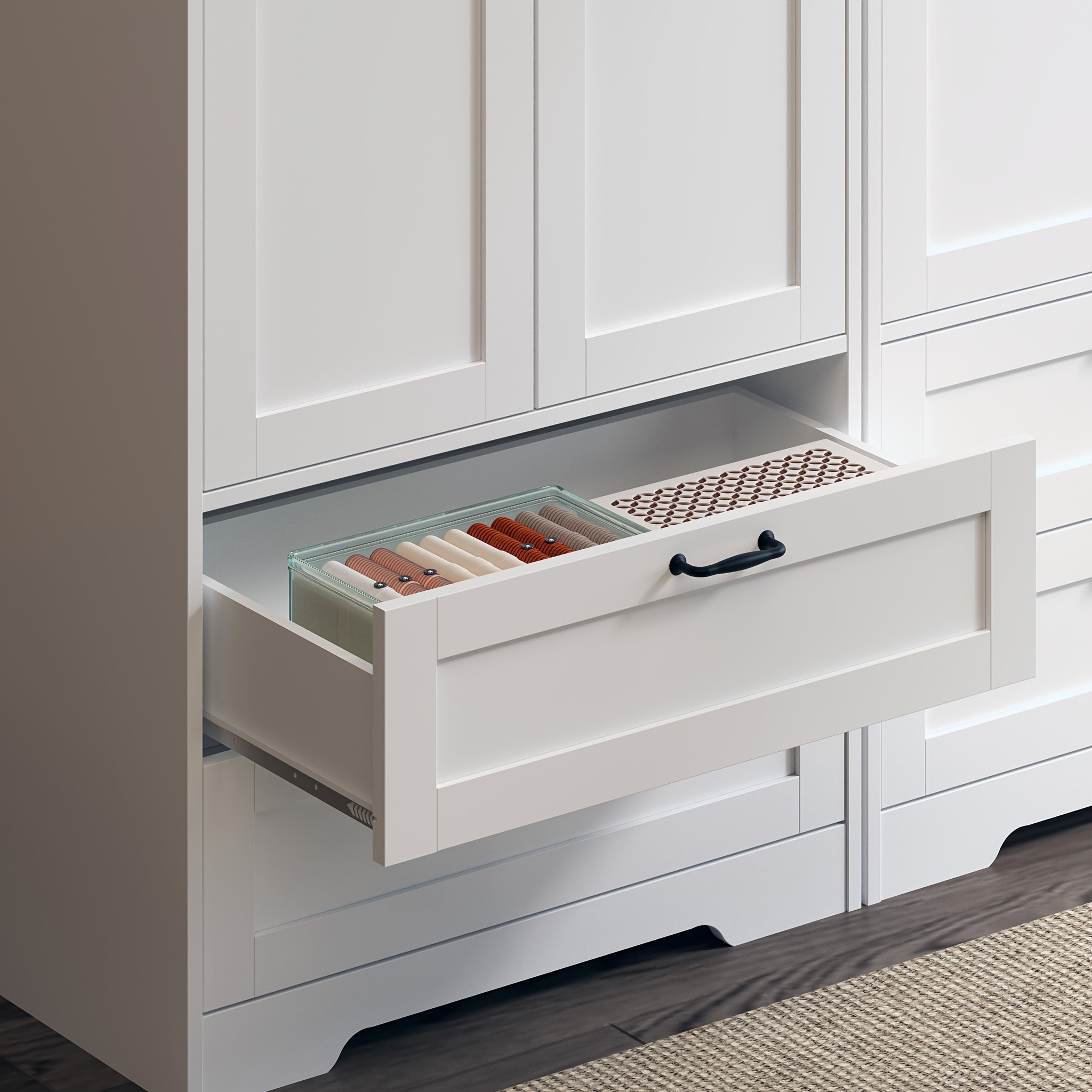 Spacious Contemporary Wardrobe with a Standing Design, Featuring a Clothing Storage Cabinet Equipped with Drawers, Double Doors, And Hangers, Ideal for Bedrooms, Cloakrooms, And Laundry Areas. It Includes 2 Drawers And a Clothes Drying Pole