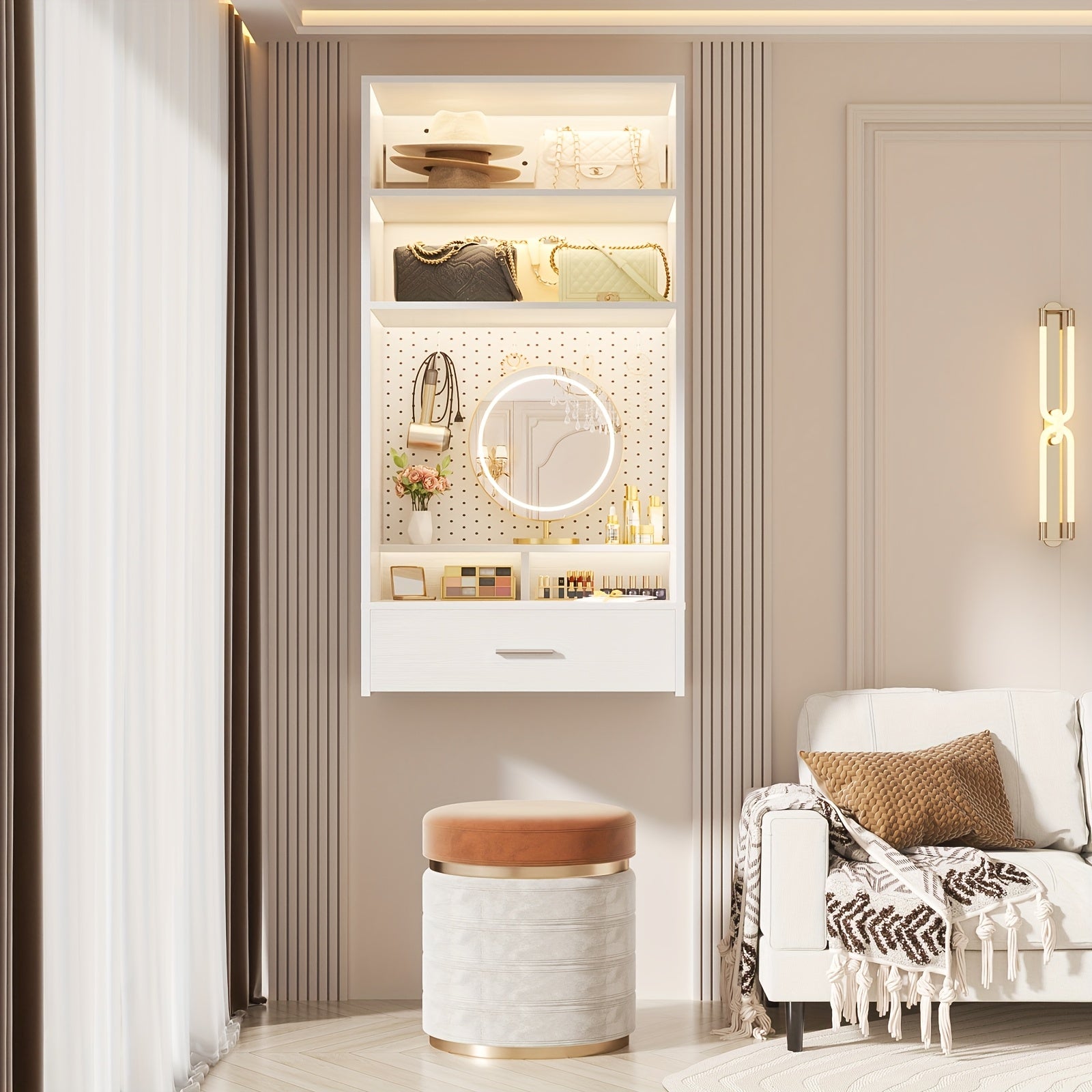 Unikito 25 Inch Closet System With Drawers And Magnetic Pegboard, Wall Mounted Closet Organizer With Vanity Storage Shelves, Multipurpose Vanity Desk For Bedroom, Mudroom, And Entryway, White