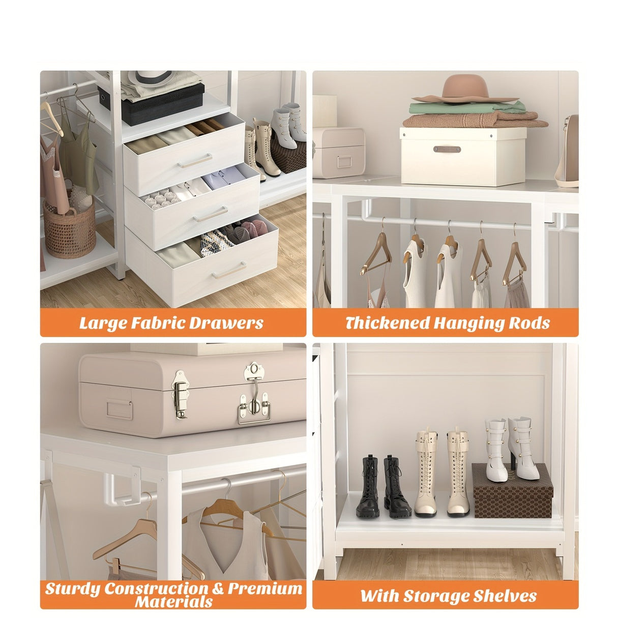 Aheaplus Garment Rack Heavy Duty Clothes Rack For Hanging Clothes, Clothing Rack With Drawers, Wood Stoarge Shelf Freestanding Closet Wardrobe Rack, Corner L Shaped Closet System Organizers