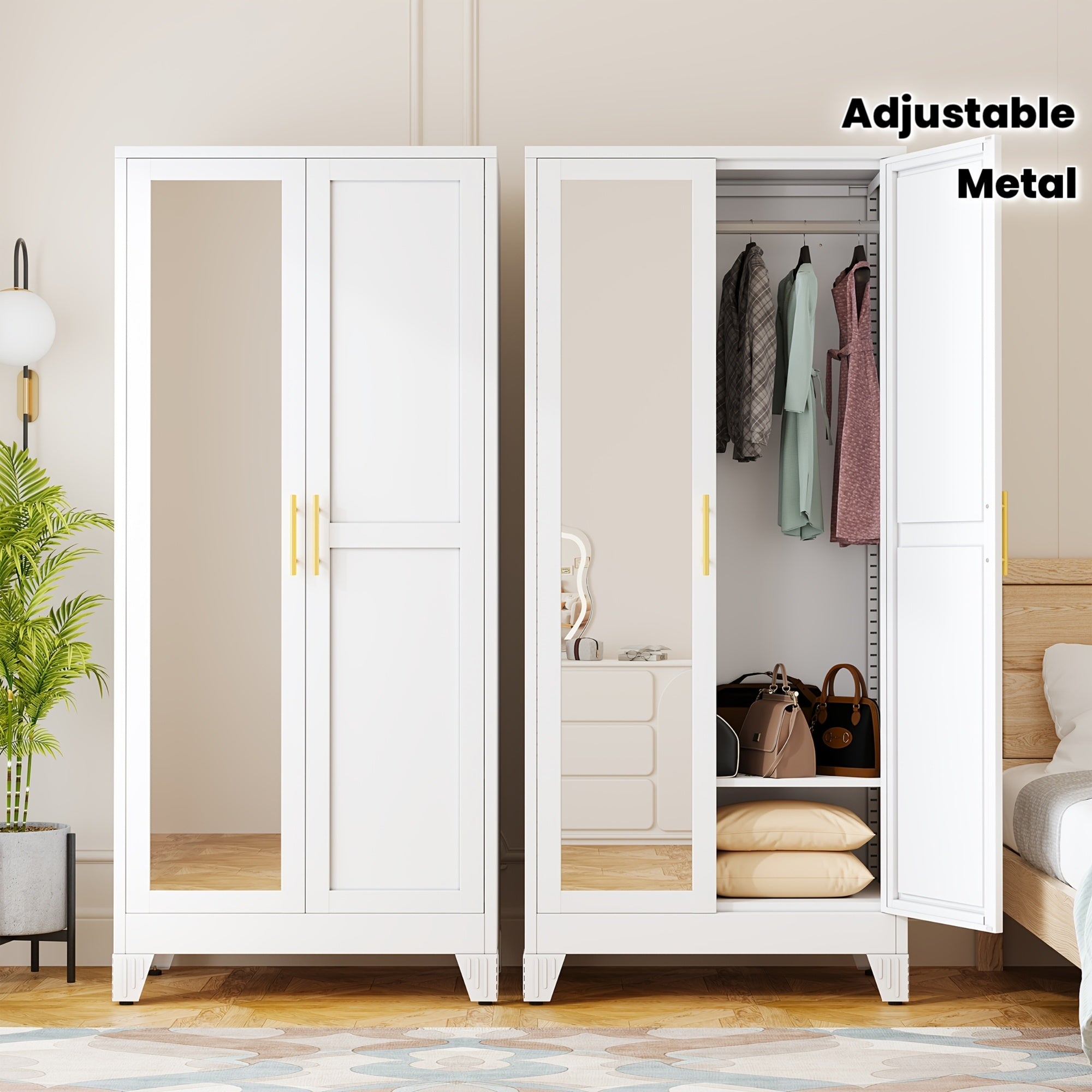 71 Inch High Metal Bedroom Wardrobe with Mirror, Adjustable Shelf And Hanger, Suitable for Bedroom And Clothing Storage