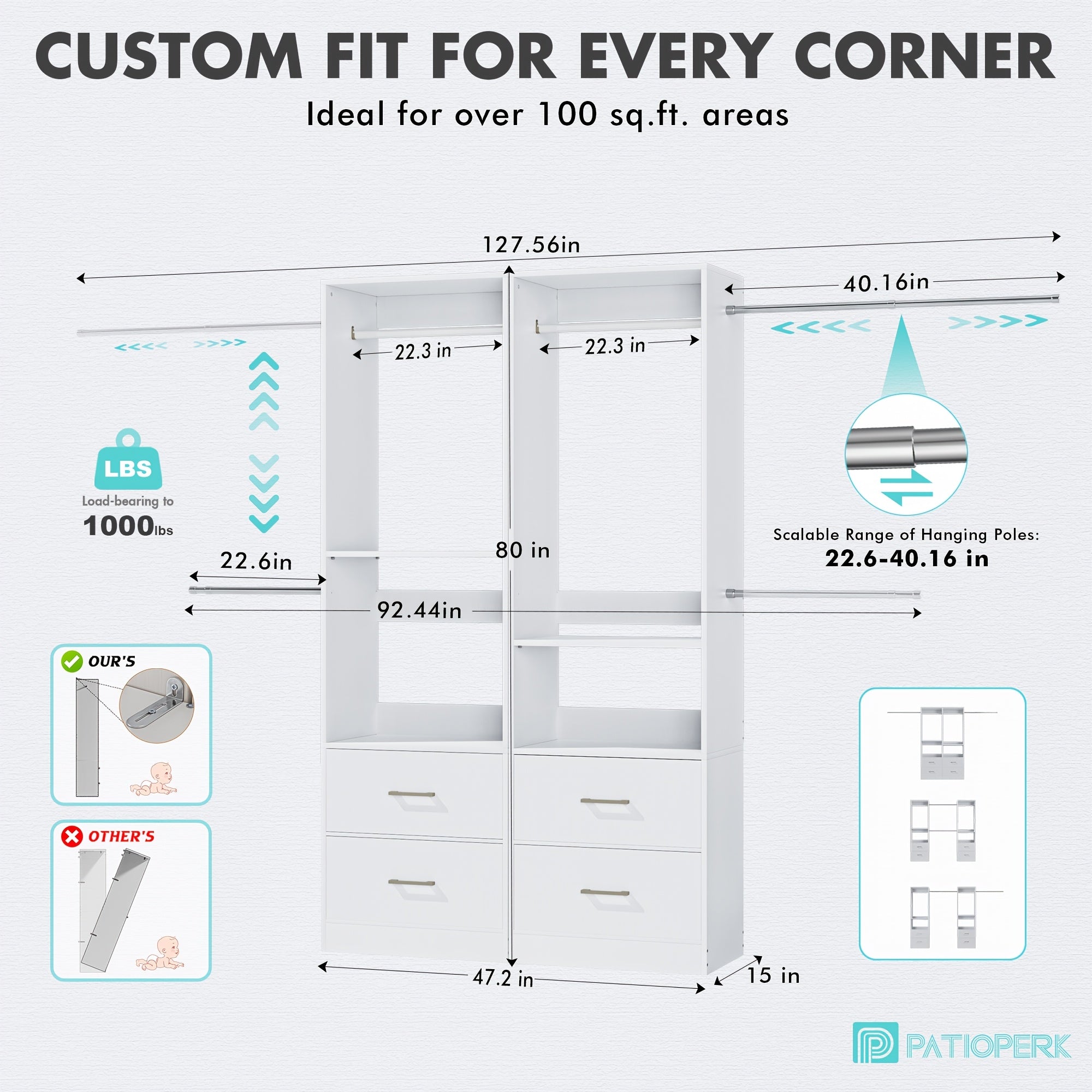 A Modular Closet System Measuring 127.56 Inches, Featuring Four Drawers, Adjustable Shelves on Three Levels, a Wooden Walk-In Closet Equipped with Fixed And Extendable Hanging Rods (Ranging from 57 to 102 Cm), Four Anti-Tipping Devices