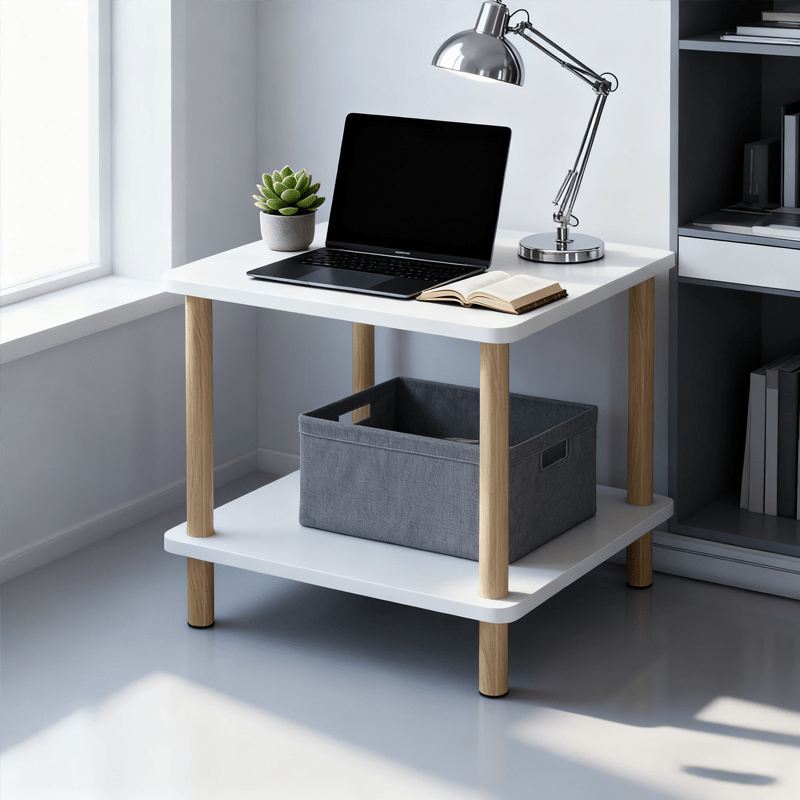 Simple and Modern Double-Layer White Small Square Table, Approximately 15.7×15.7×20.9 Inches, with Solid Wood Legs - White Side Cabinet, Small Storage Table for Bedside in Bedroom, and Bedside Storage Table