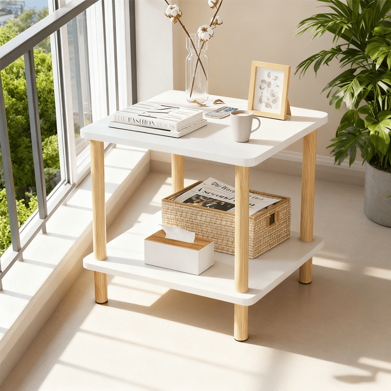 Simple and Modern Double-Layer White Small Square Table, Approximately 15.7×15.7×20.9 Inches, with Solid Wood Legs - White Side Cabinet, Small Storage Table for Bedside in Bedroom, and Bedside Storage Table