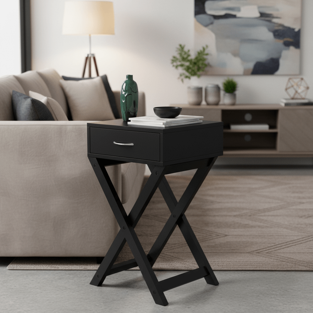 X-Shape End Table | Wooden Square Storage Nightstand with Generous Storage Drawer and Metal Handle, Contemporary Accent Side Table, Ideal for Living Room, Bedroom, Home, Office, Hardwood, Assembled, \u003C27 Inches Height