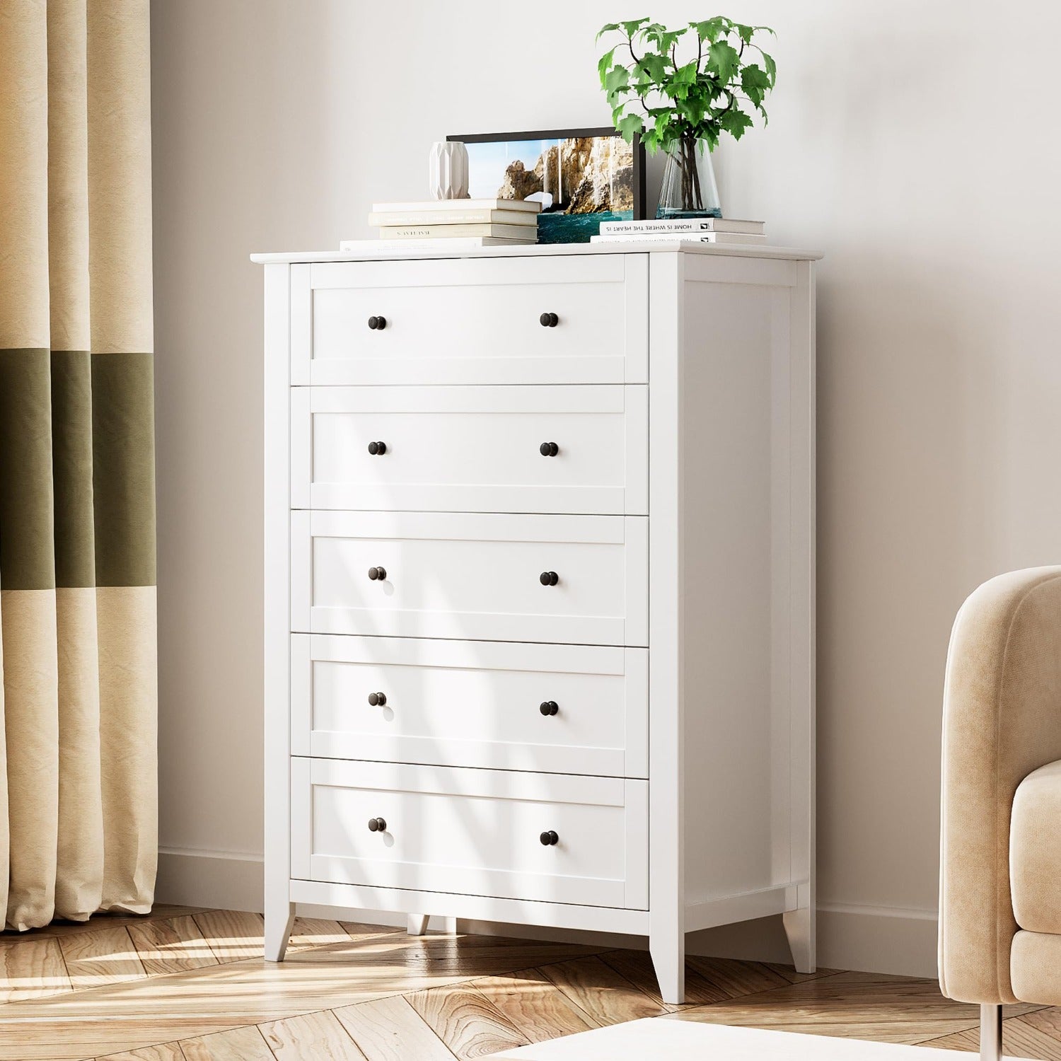 White five-drawer bedroom dressing table, tall dressing table, equipped with deep drawers and metal handles, modern drawer-style walk-in closet, corridor hanging closet