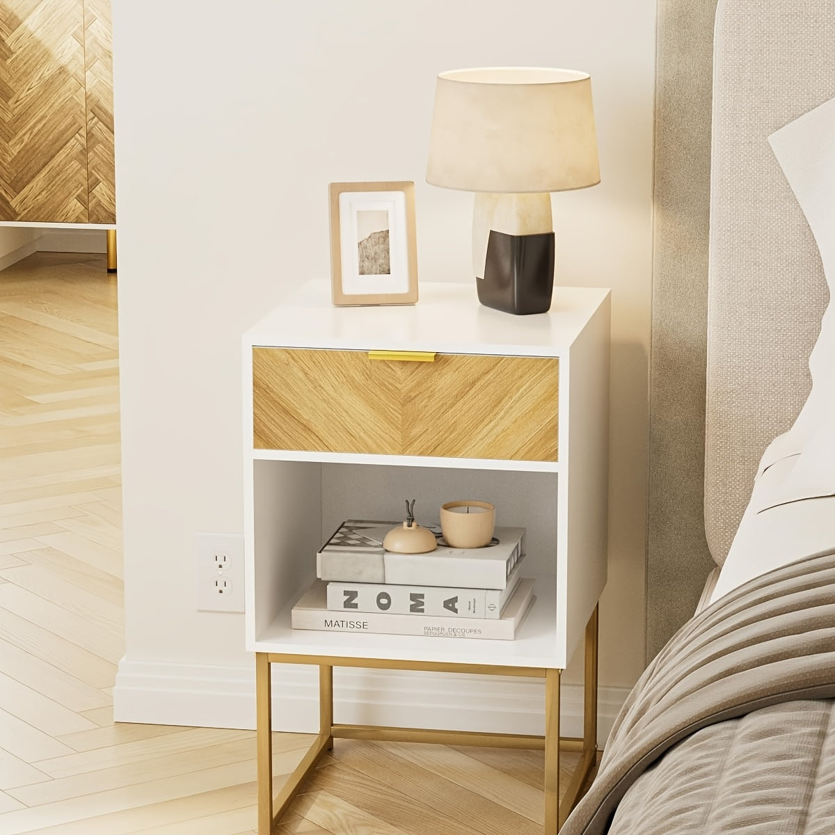 Modern Wood Grain Side Table, Large, Bohemian Farmhouse Style Wooden Nightstand with Storage Drawer and Open Shelf, Suitable for Bedroom, Living Room Nightstand, White