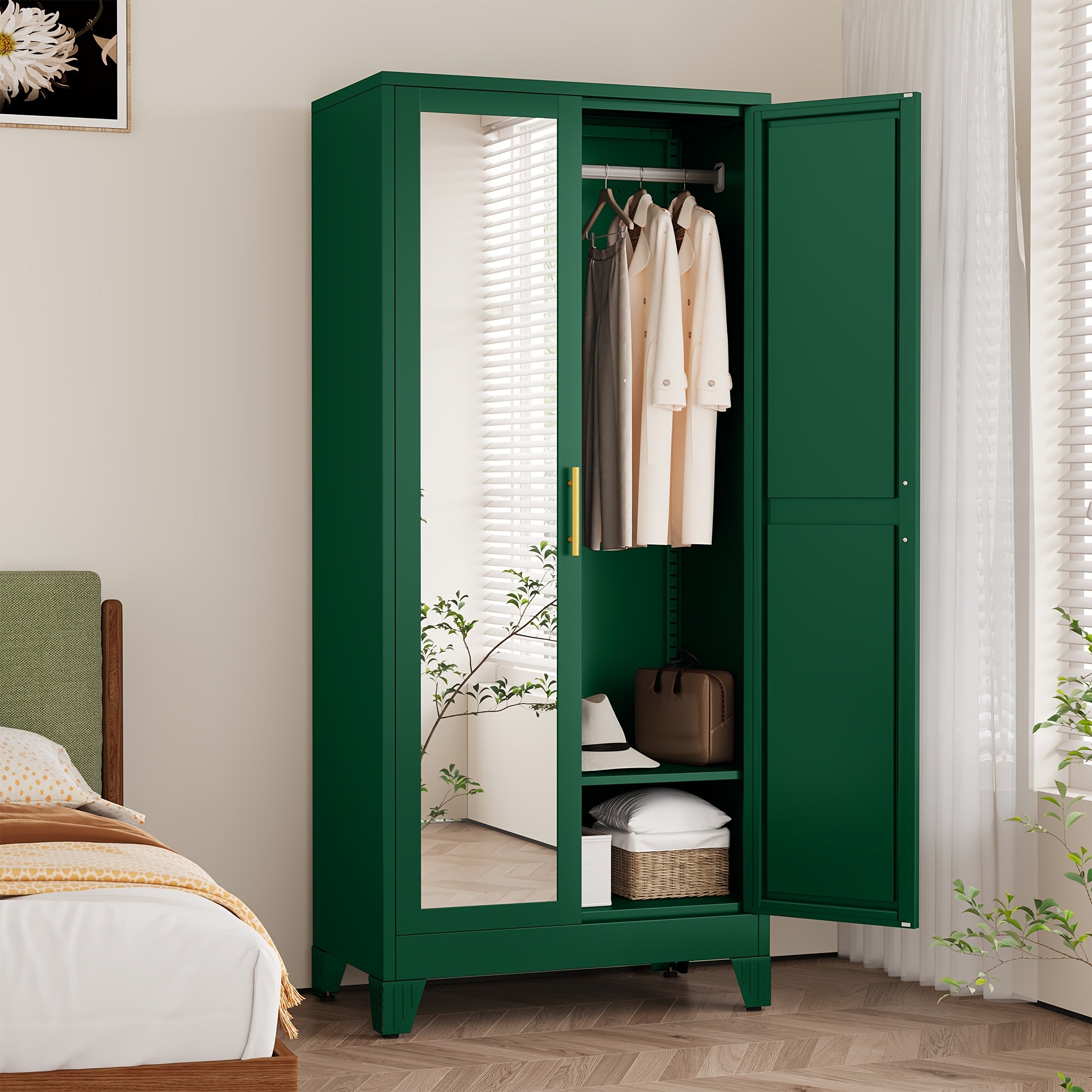 71 Inch High Metal Bedroom Wardrobe with Mirror, Adjustable Shelf And Hanger, Suitable for Bedroom And Clothing Storage