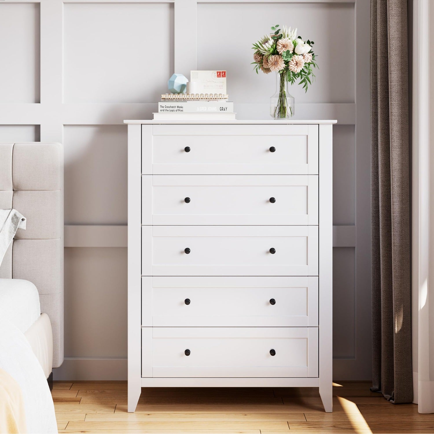 White five-drawer bedroom dressing table, tall dressing table, equipped with deep drawers and metal handles, modern drawer-style walk-in closet, corridor hanging closet