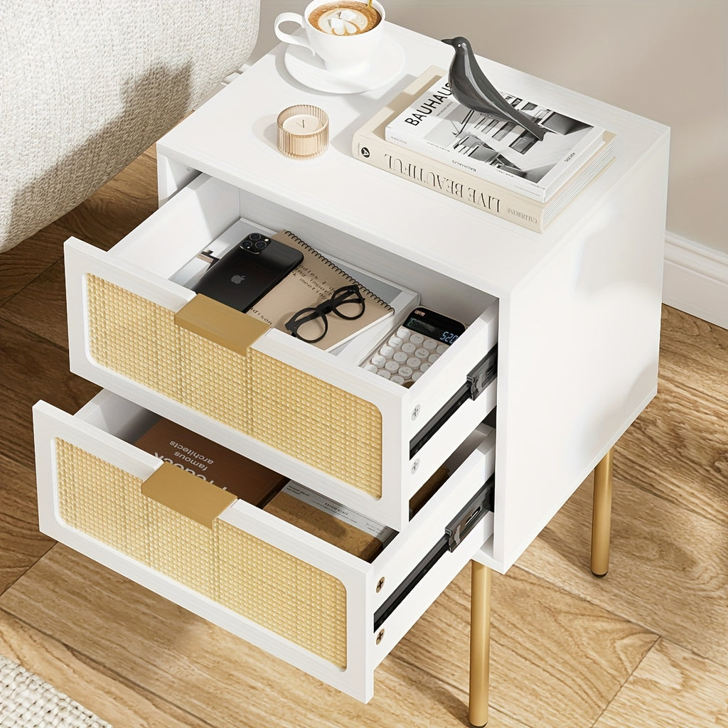 Wooden Bedside Table Featuring Two Rattan Drawers, Ideal for Storing Items in The Bedroom Or Living Room