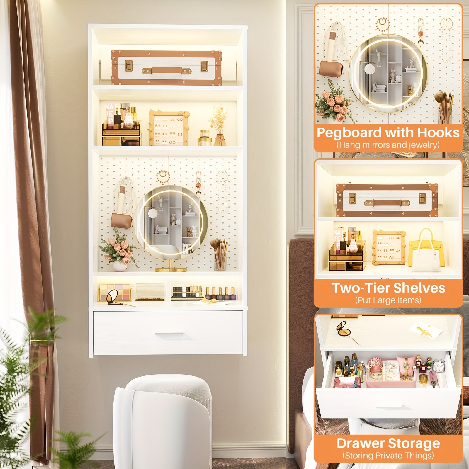 Unikito 25 Inch Closet System With Drawers And Magnetic Pegboard, Wall Mounted Closet Organizer With Vanity Storage Shelves, Multipurpose Vanity Desk For Bedroom, Mudroom, And Entryway, White